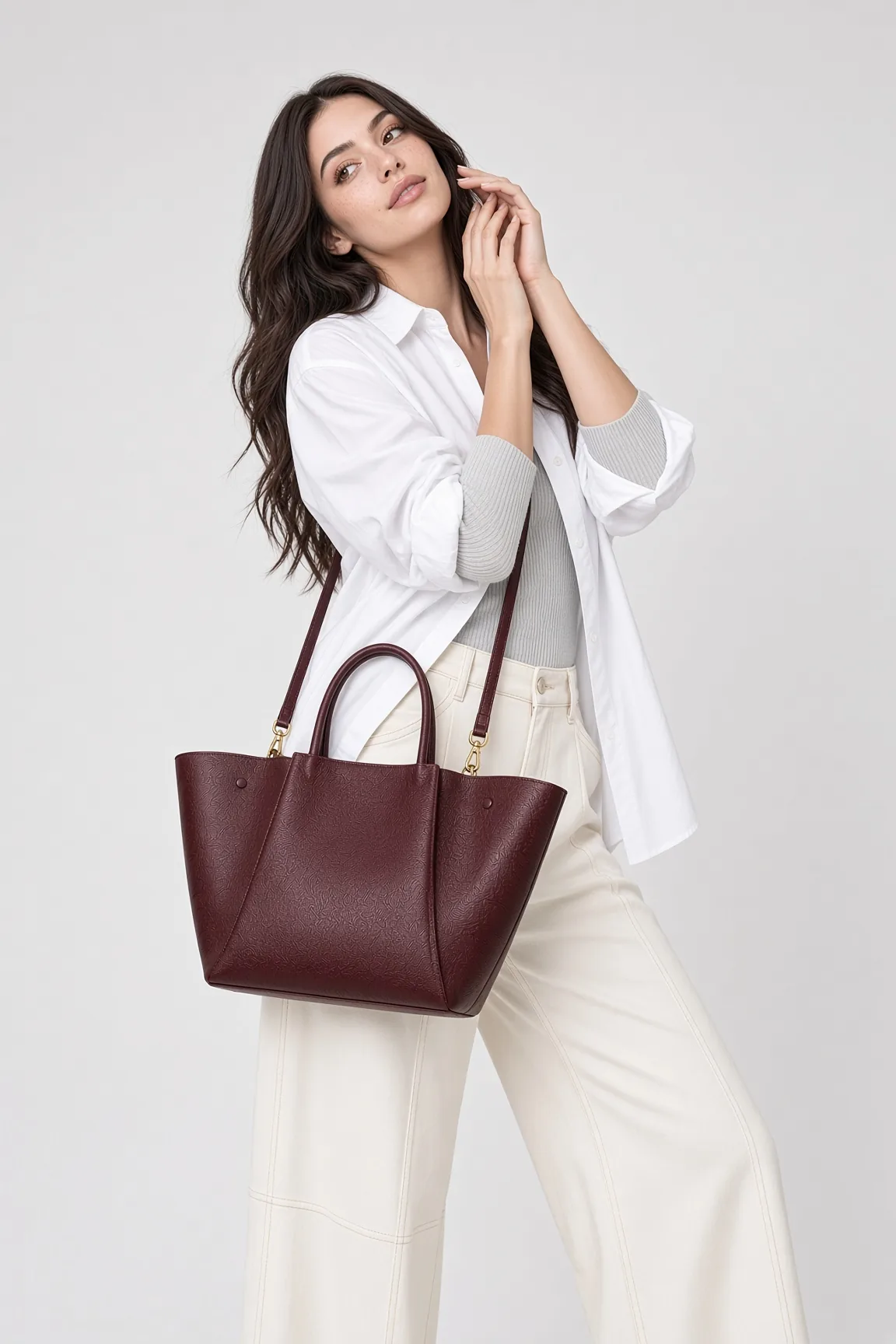 Burgundy Tote White Shirt Cream Trouser Studio