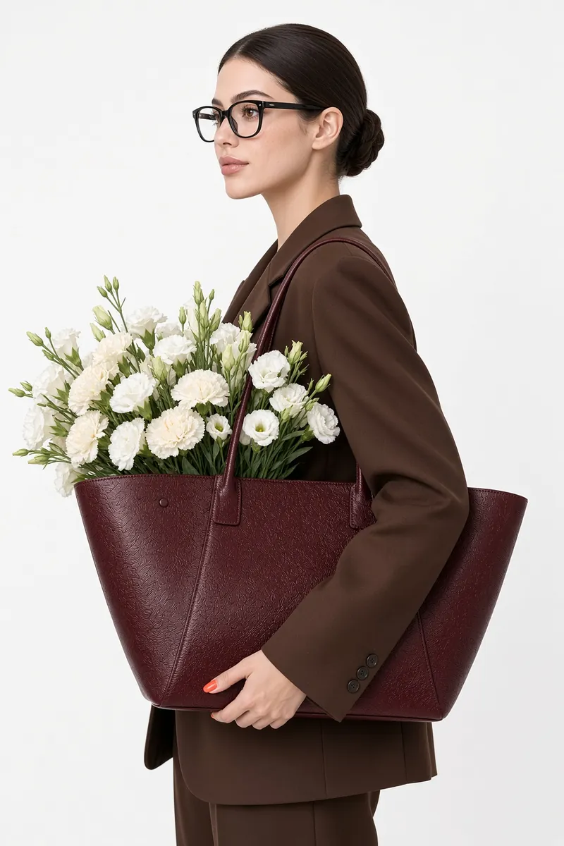 Burgundy Tote With White Blooms Studio Profile