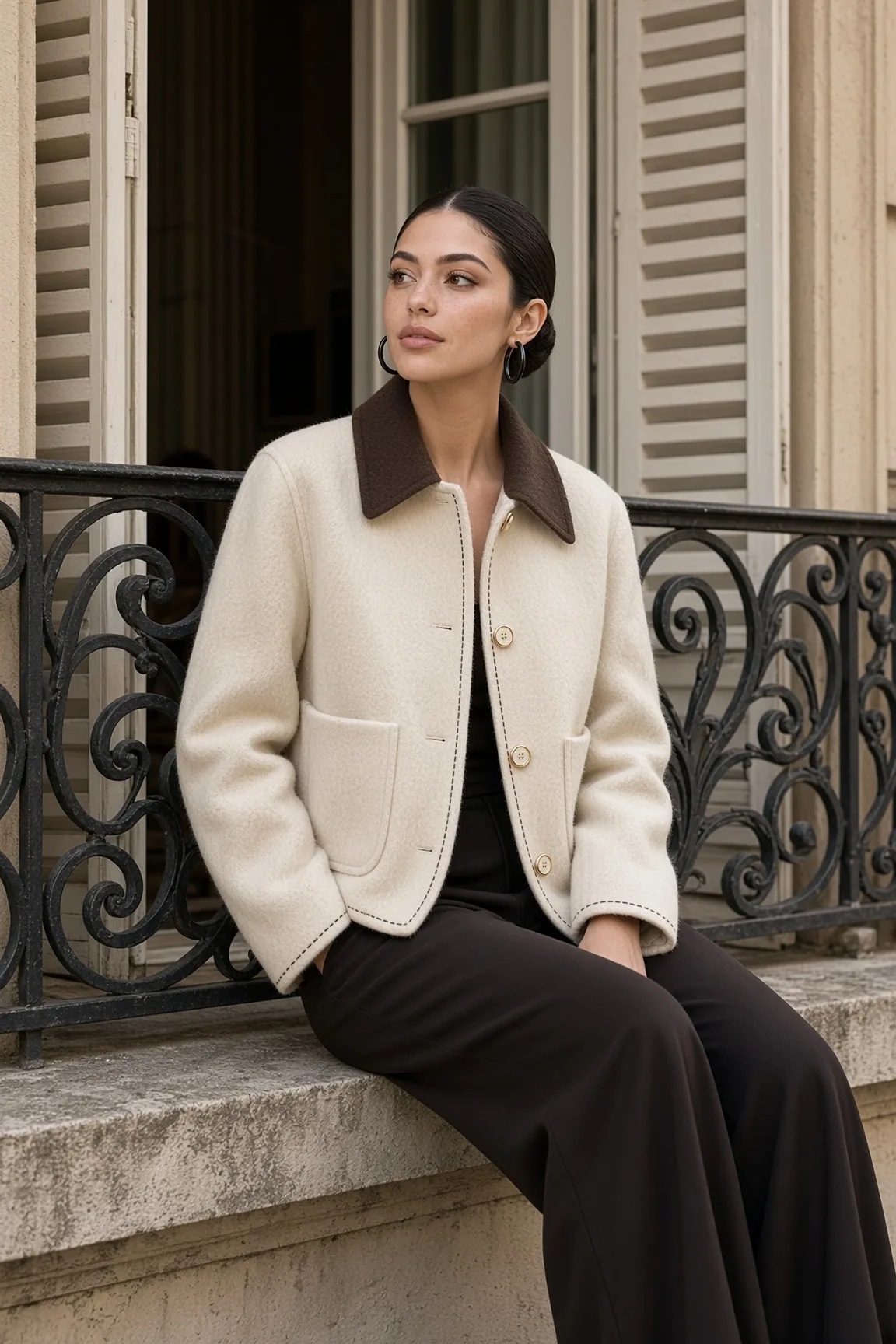 Jacket Cream Collar Balcony Iron Railing