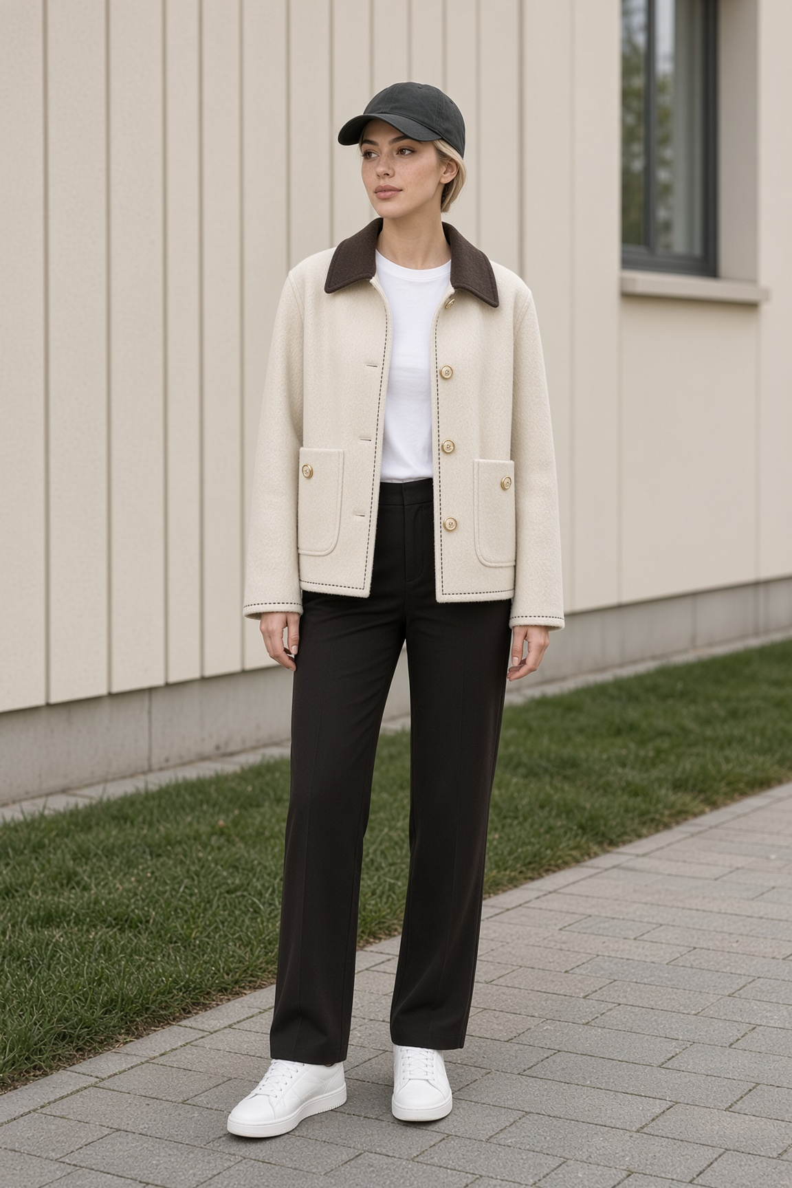 Jacket Cream Collar Cap Street Walk