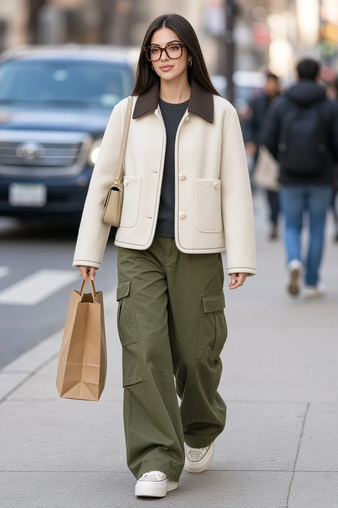 Jacket Cream Collar Cargo Street Walk Glasses