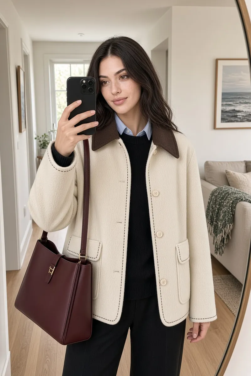 Jacket Cream Collar Mirror Hallway Selfie