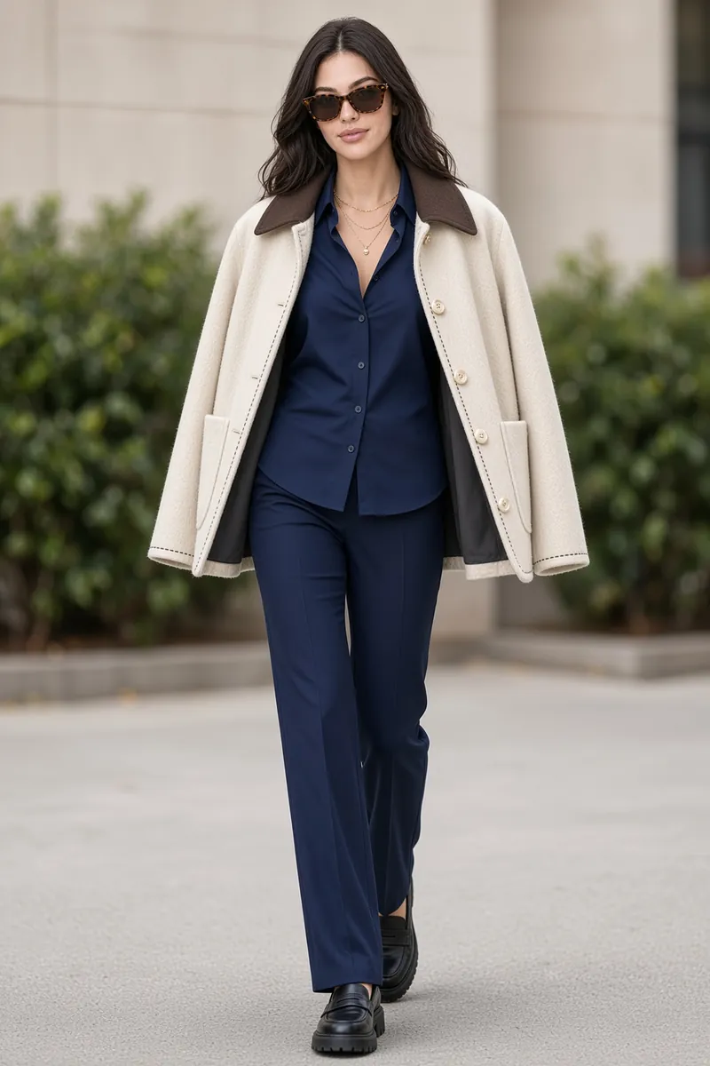 Jacket Cream Collar Open Walk Navy Layering
