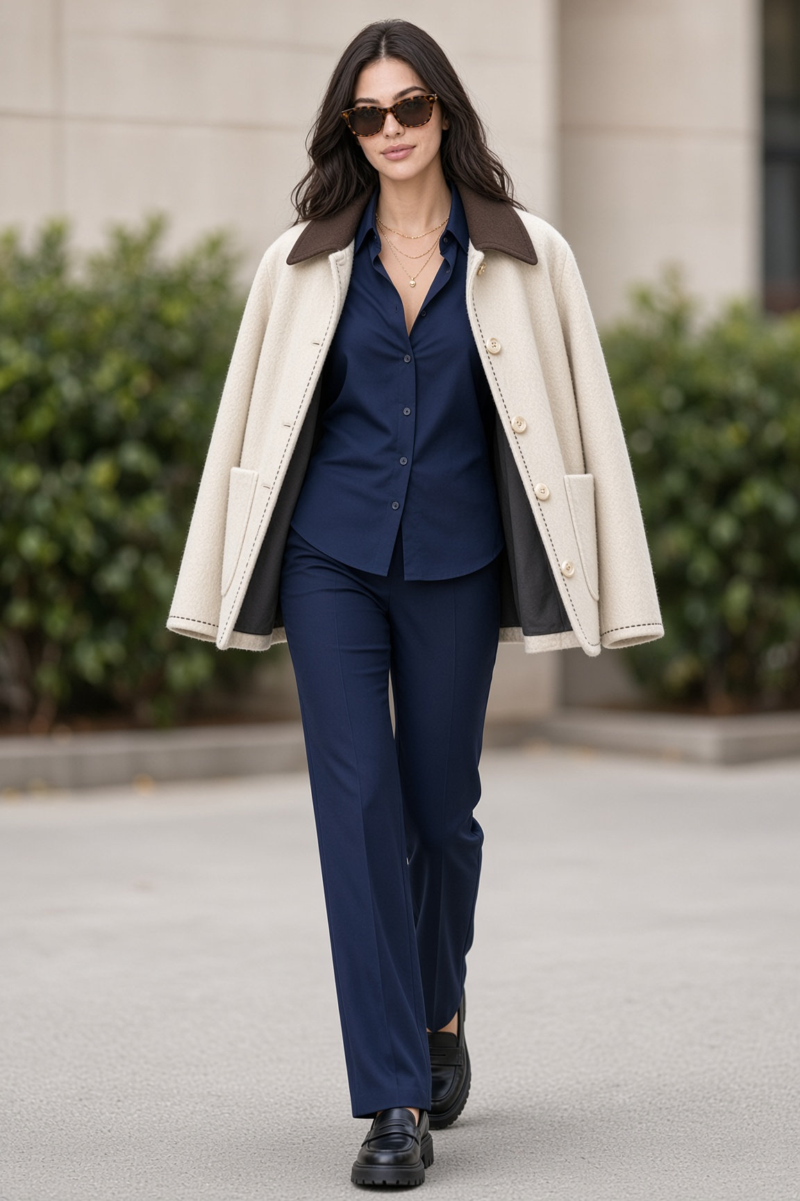 Jacket Cream Collar Open Walk Navy Layering