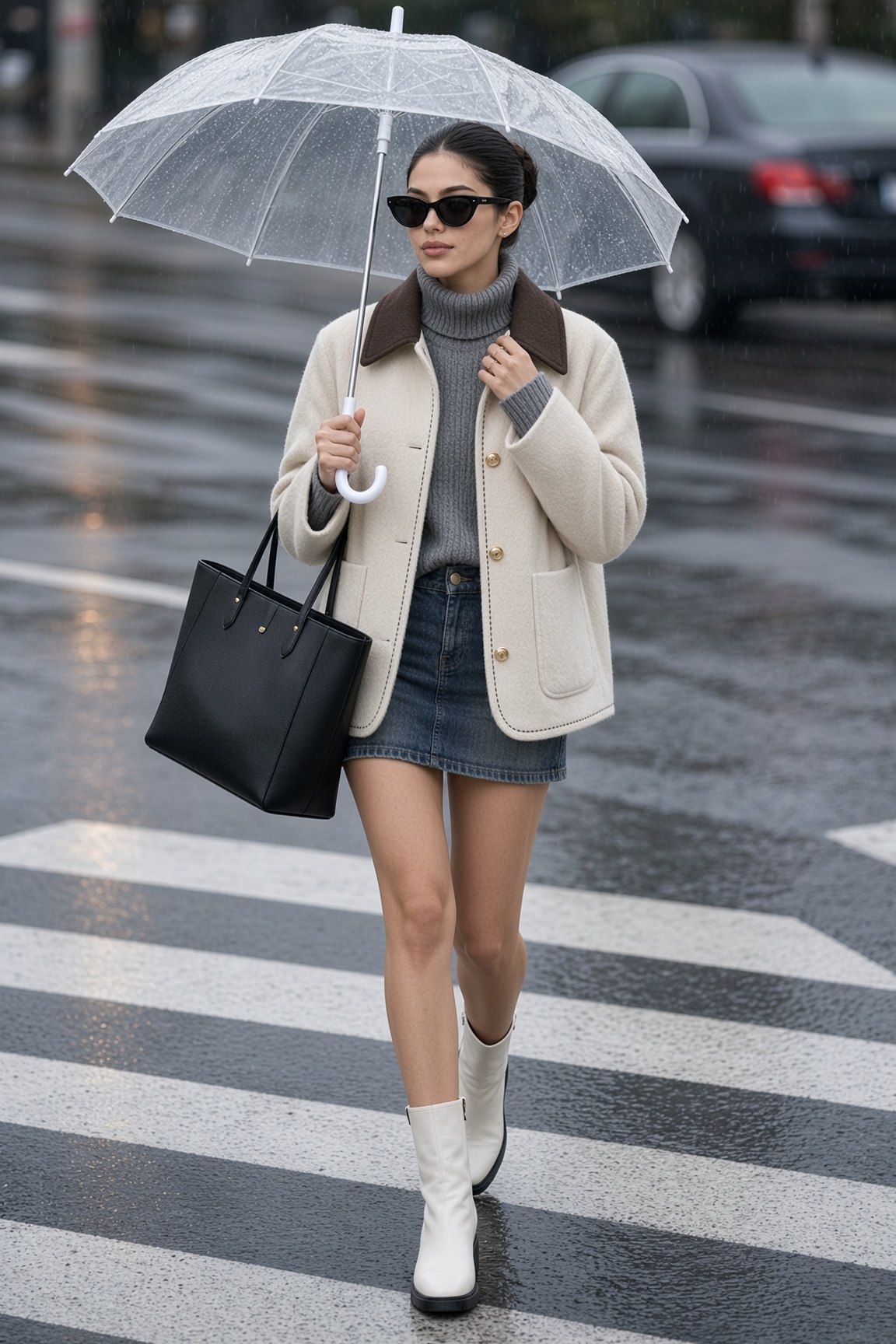 Jacket Cream Collar Rain Crosswalk Photoshoot