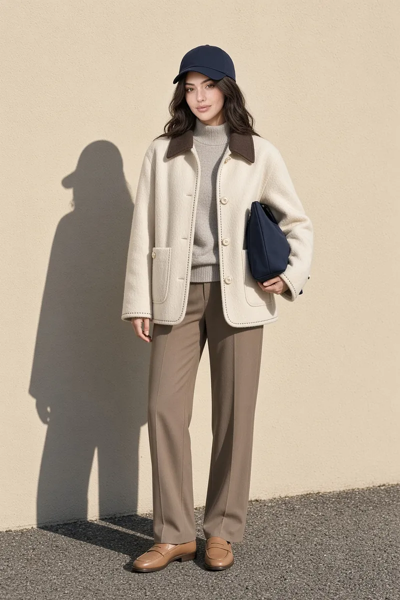 Jacket Cream Collar Street Shadow Wall Pose