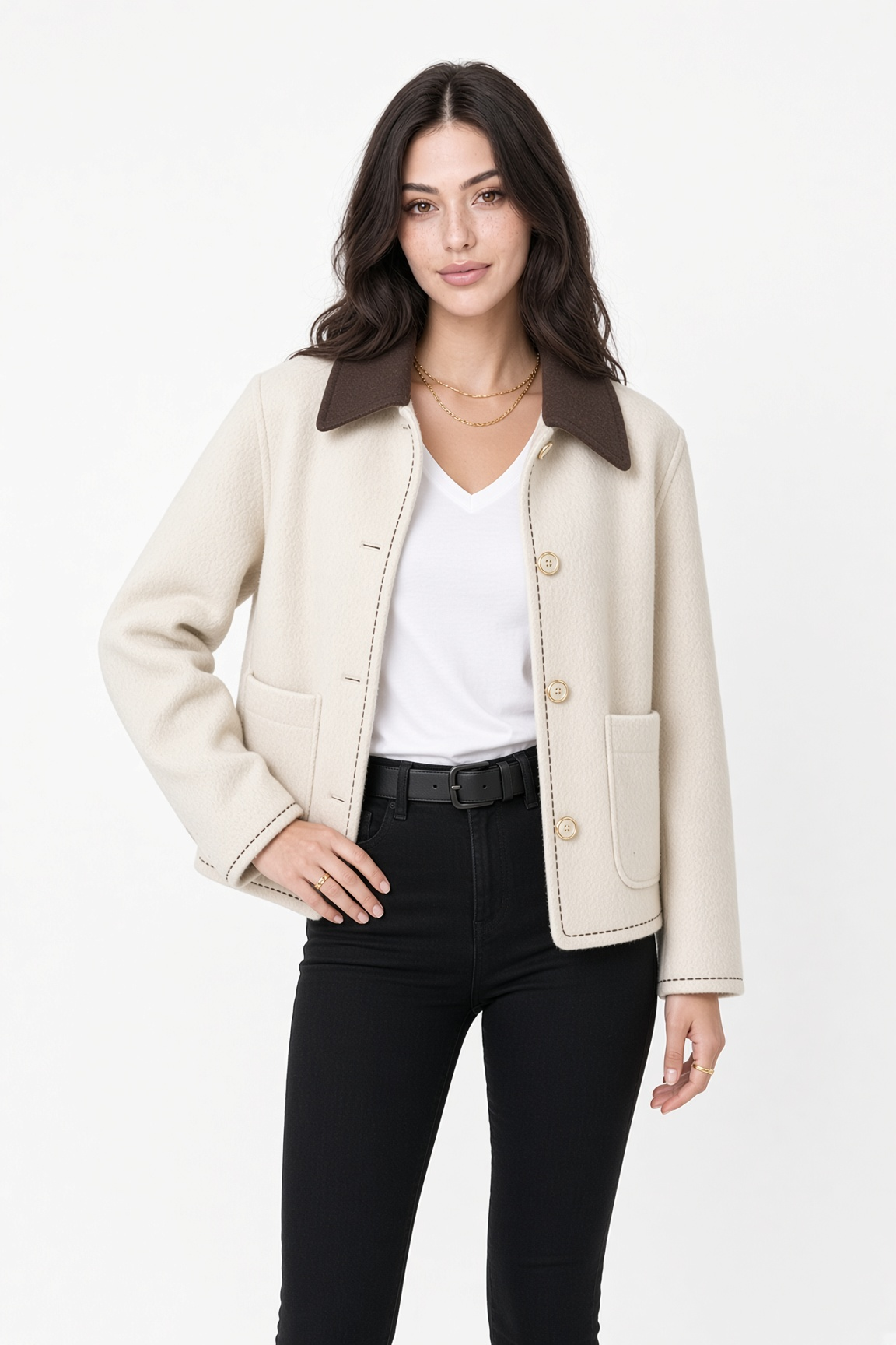 Jacket Cream Collar Studio Hand On Hip