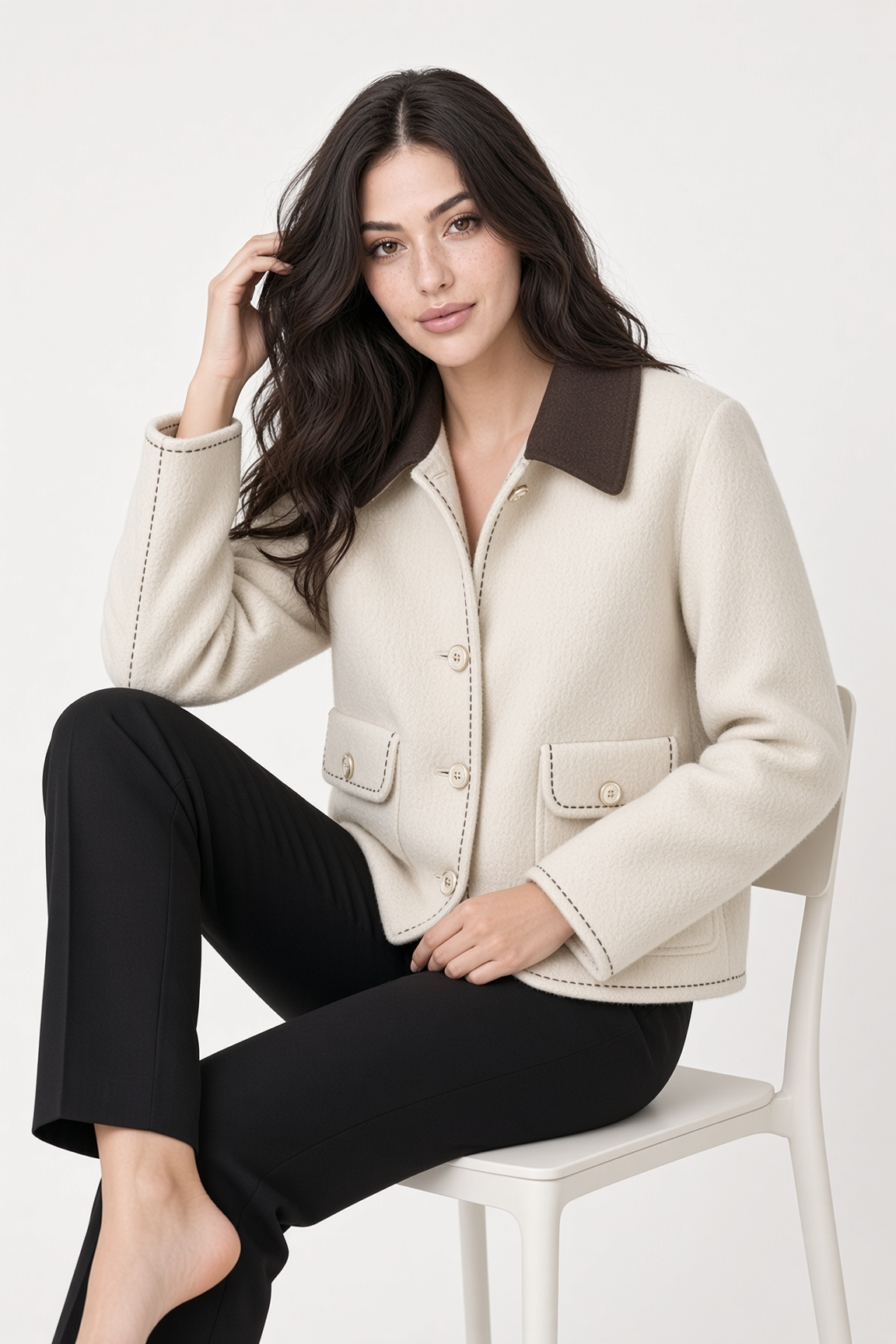 Jacket Cream Collar Studio Seated Editorial Portrait