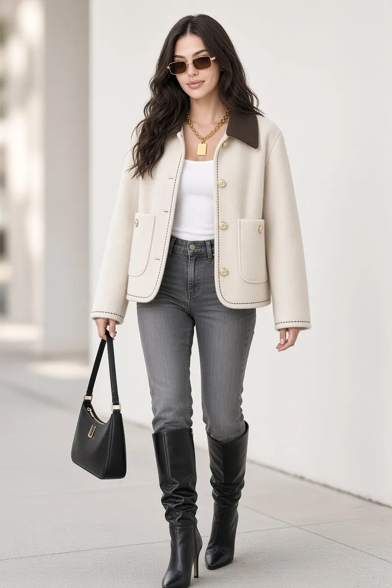 Jacket Cream Collar Urban Denim Boots Look