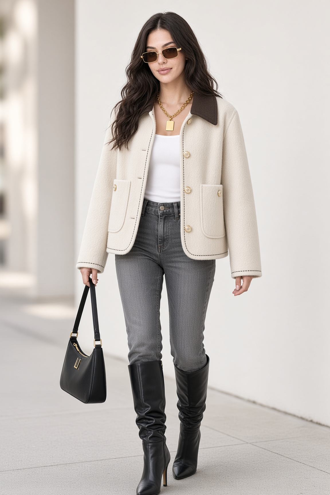 Jacket Cream Collar Urban Denim Boots Look