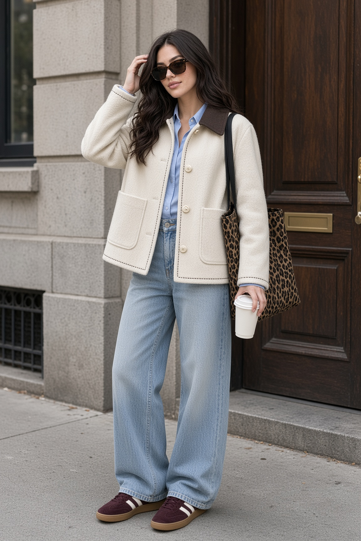 Jacket Cream Collar Wooden Door Coffee Street