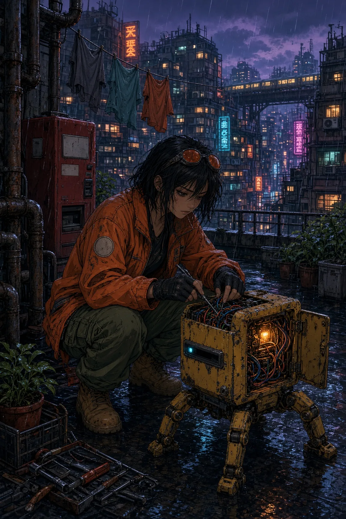 Mechanic Fixes Yellow Rooftop Robot