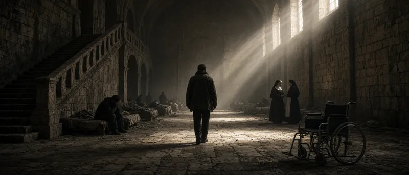Pilgrim Enters Dusty Stone Sanctuary