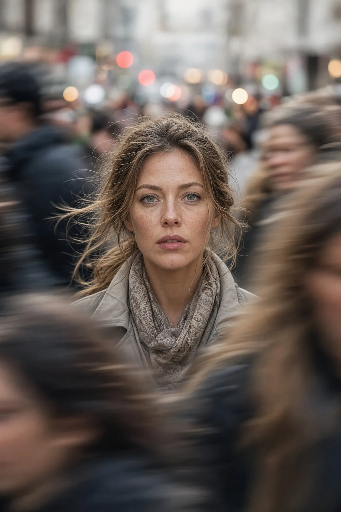 Street Crowd Motion Blur Woman Portrait