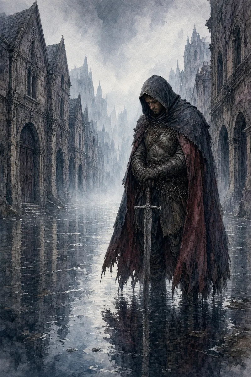 Warrior Kneels In Flooded Mist