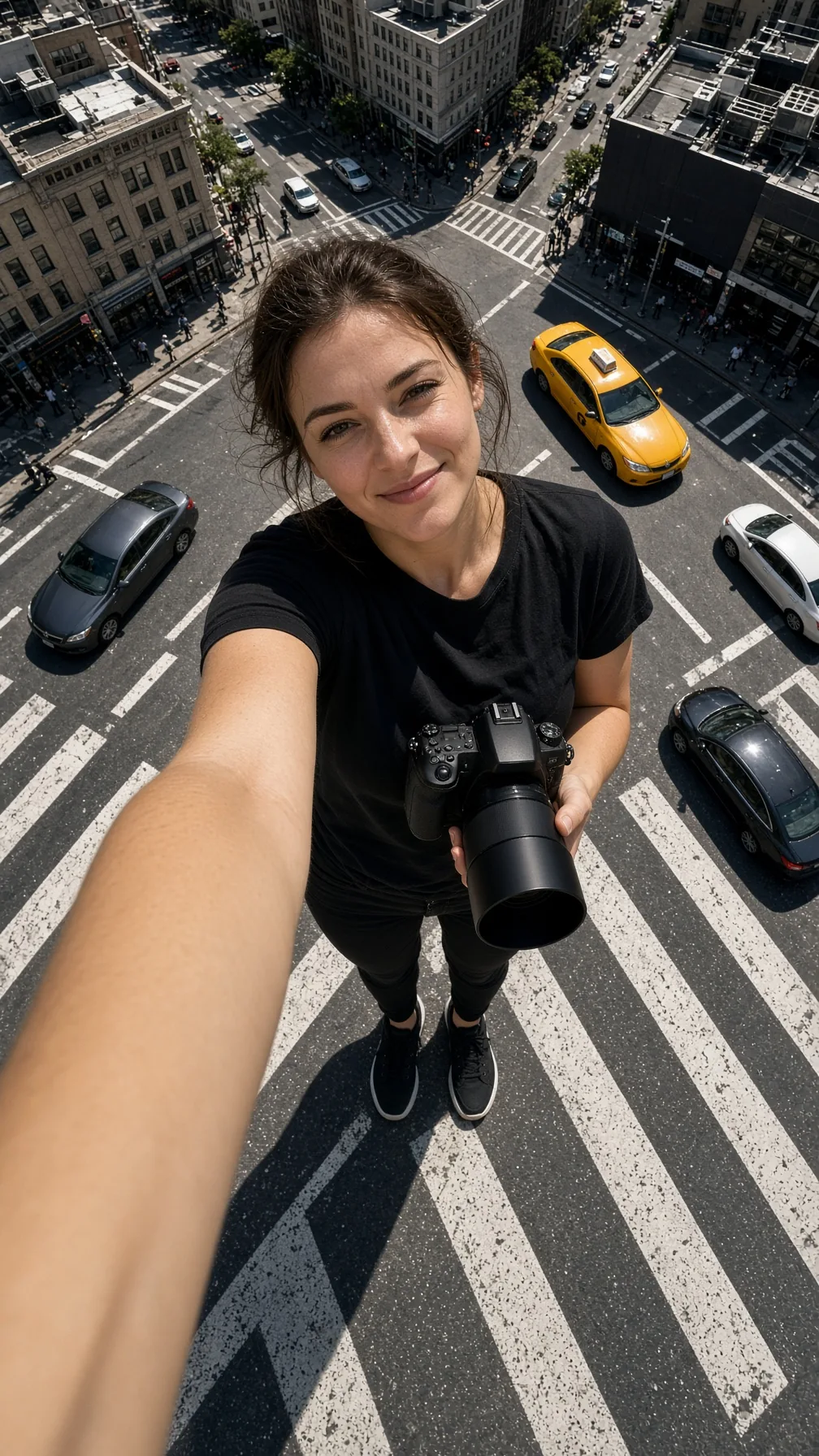 Woman Holds Camera Over City Crosswalk