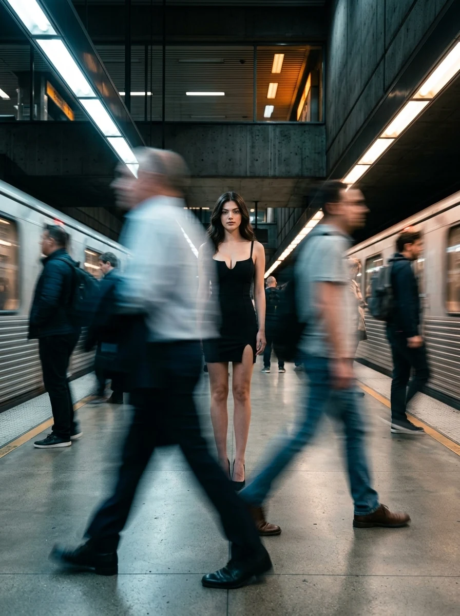Underground Transit Rush: Brutalist Metro Editorial Motion Blur AI Prompt