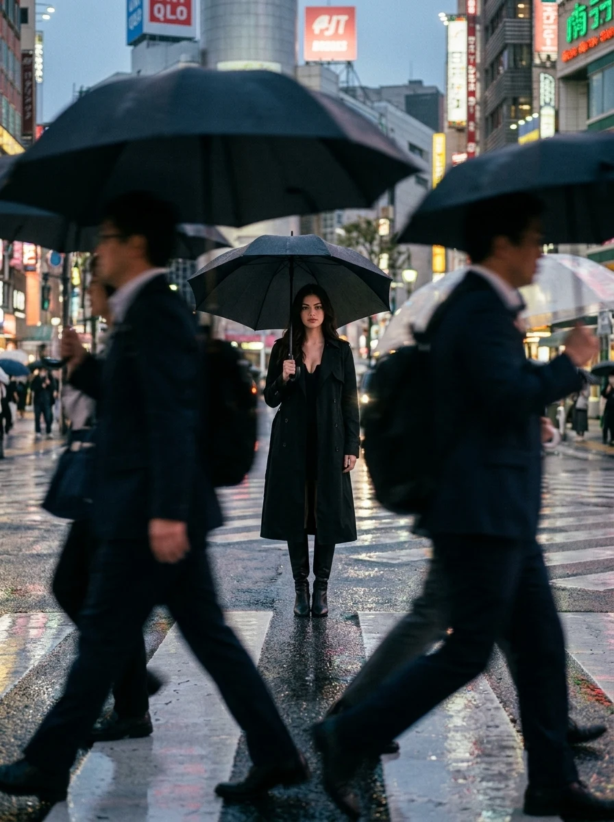 Rainy Dusk Crosswalk: Cinematic City Reflection Motion Blur AI Prompt