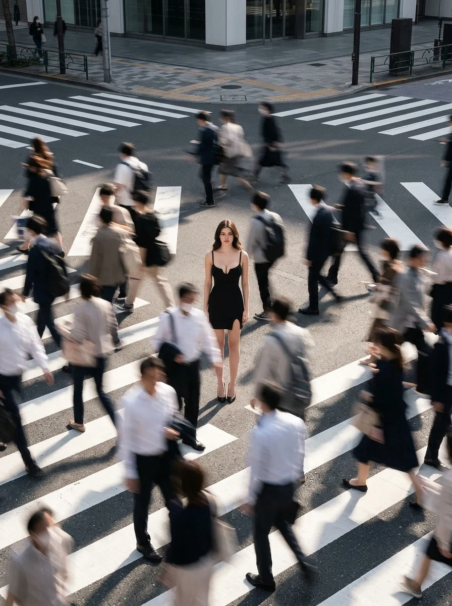 Geometric Scramble Intersection: High-Angle Urban Pedestrian Motion Blur Prompt