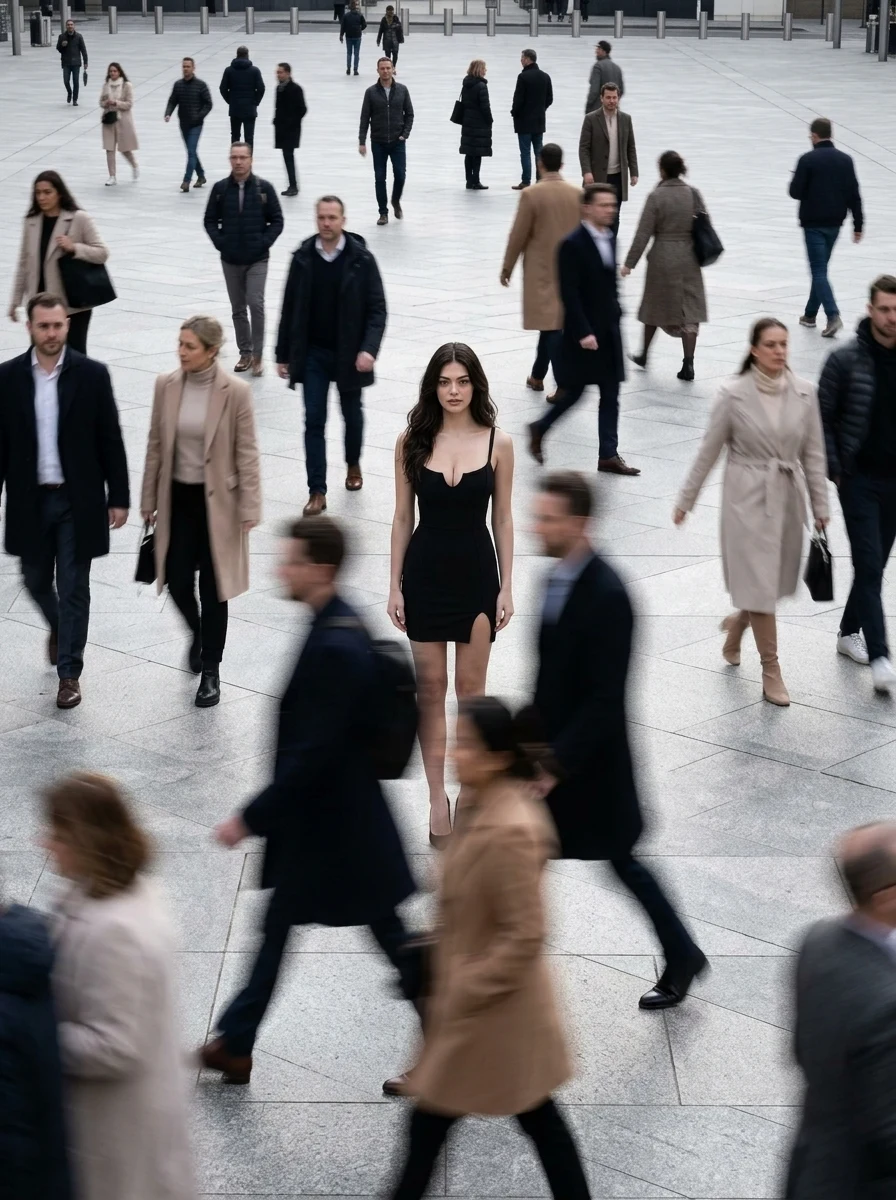 Metropolitan Plaza Aerial: High-Angle Urban Fashion Motion Blur Prompt