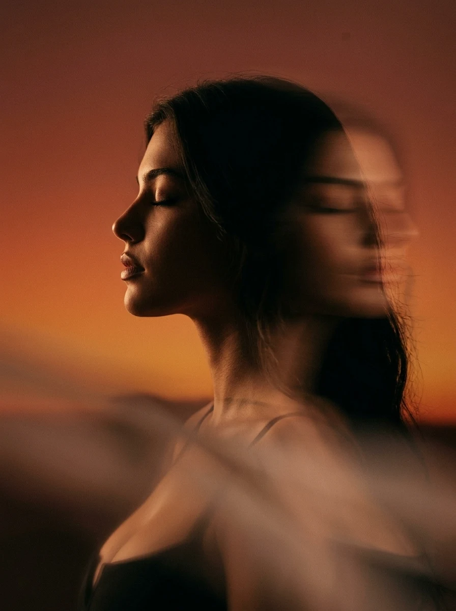 Terracotta Profile Silhouette: Panning Motion Blur Portrait AI Prompt