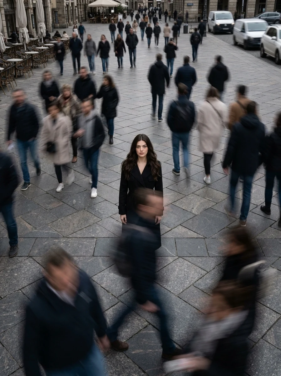 Granite Plaza Aerial: Top-Down Pedestrian Motion Blur Fashion Prompt
