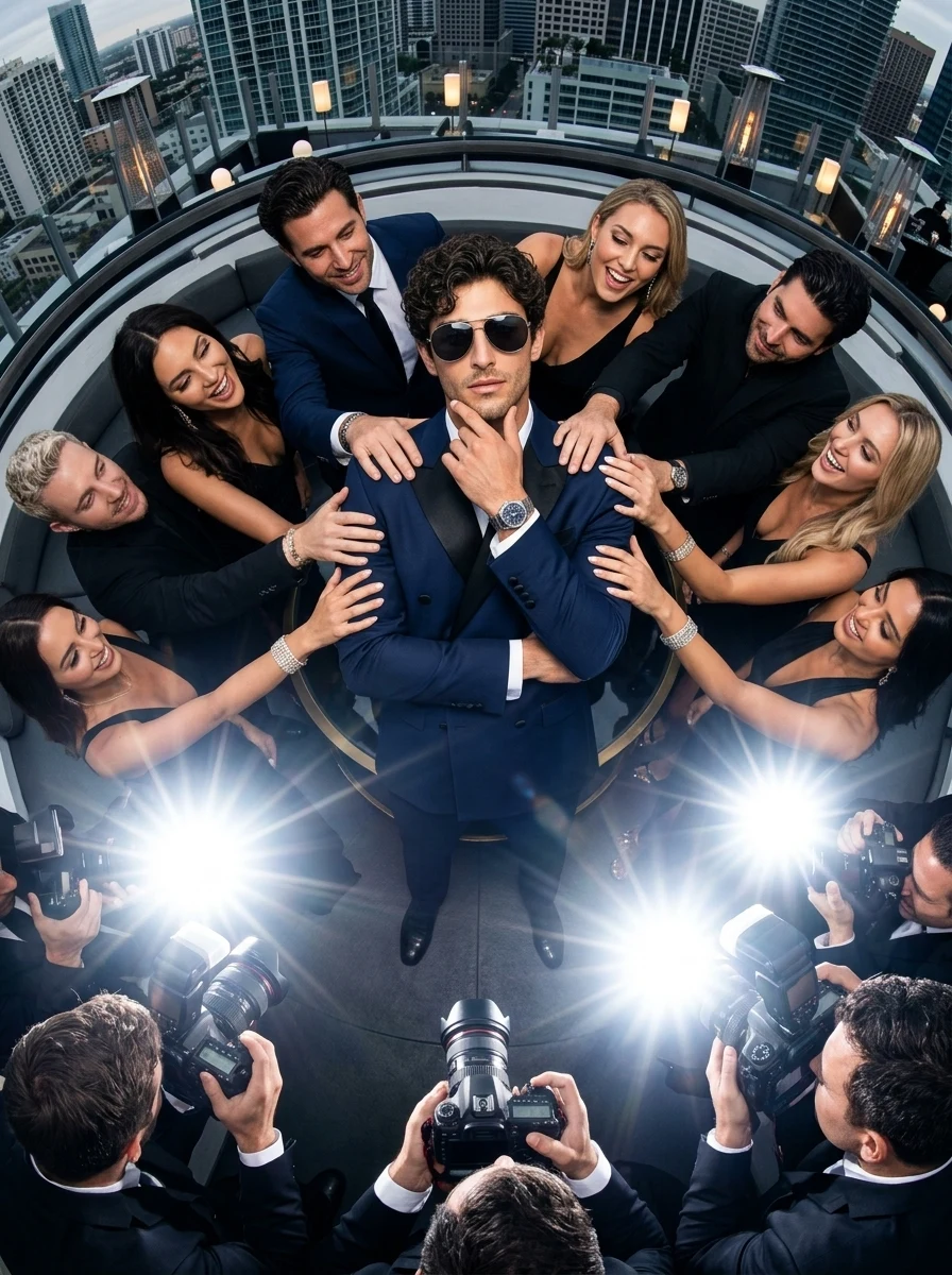 Overhead Celebrity Vortex: Symmetrical VIP Entourage Wide-Angle Prompt